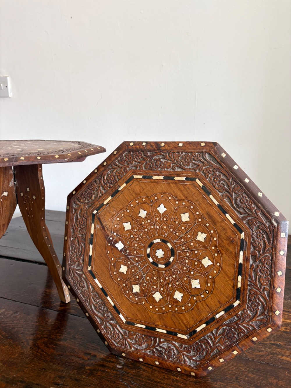 A Pair of Anglo Indian Hoshiarpur Octagonal Bone Inlay Folding Tables C1900 40cm top View X