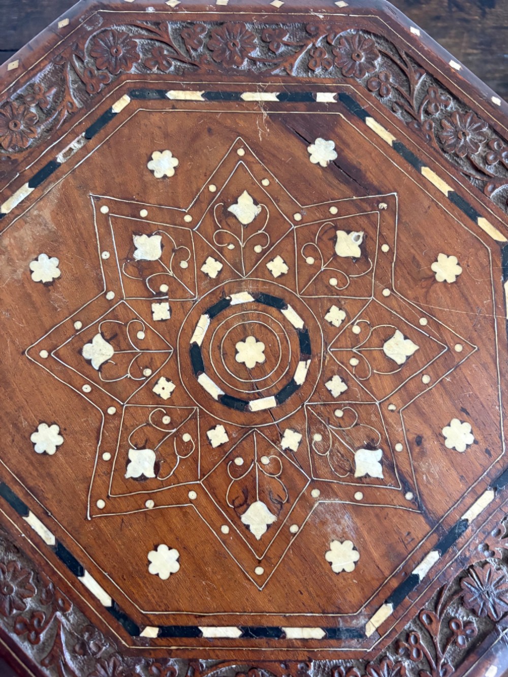 A Pair of Anglo Indian Hoshiarpur Octagonal Bone Inlay Folding Tables C1900 40cm top View XII