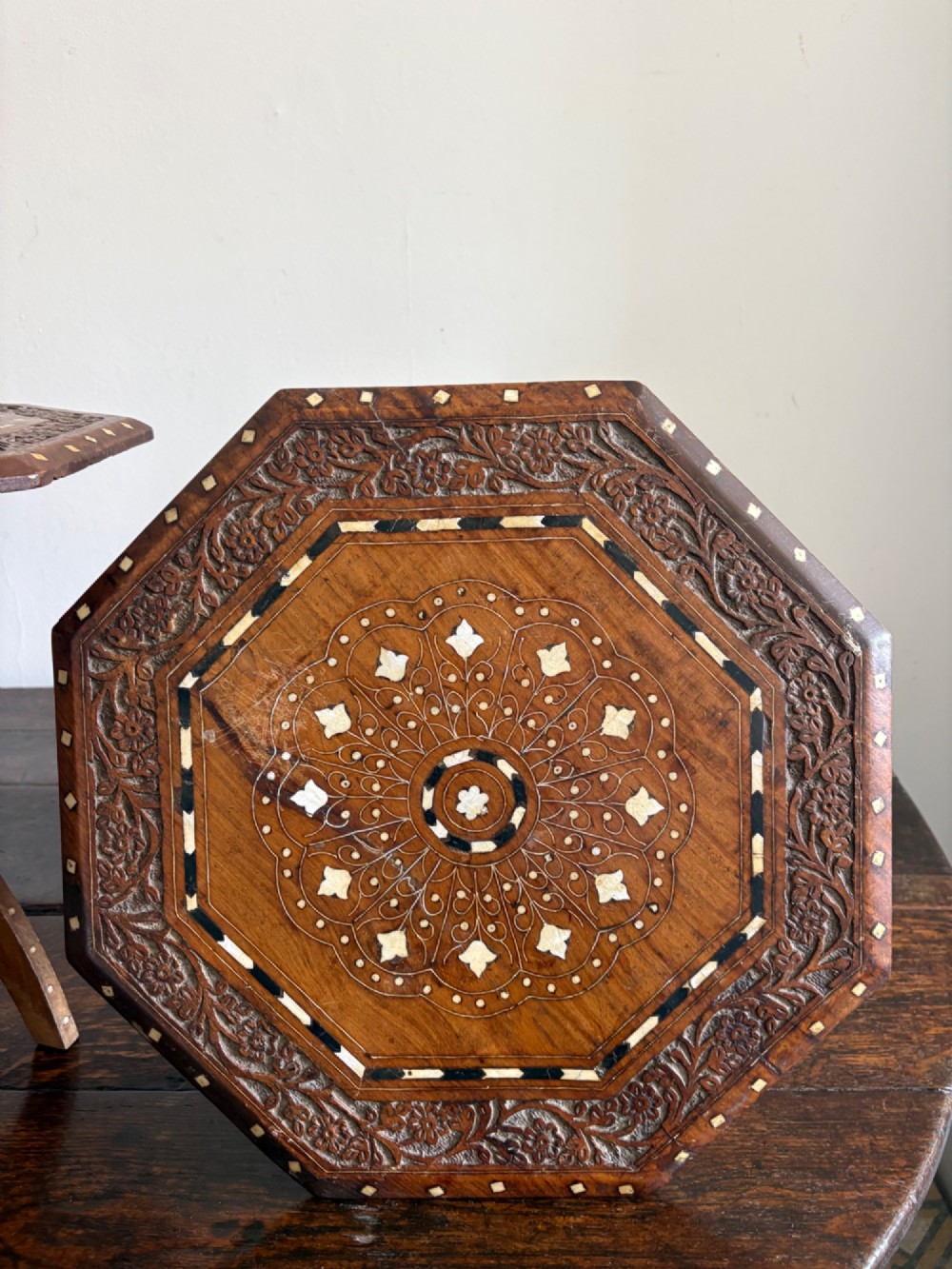 A Pair of Anglo Indian Hoshiarpur Octagonal Bone Inlay Folding Tables C1900 40cm top View XIII