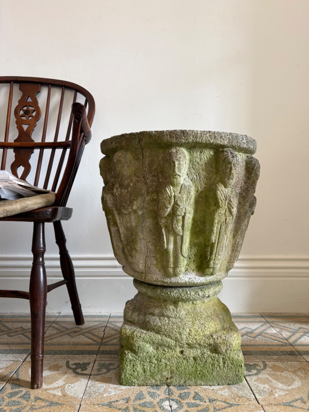 Early 20th Century Weathered Medieval Style Baptismal Font Planter and Base 63cm View II