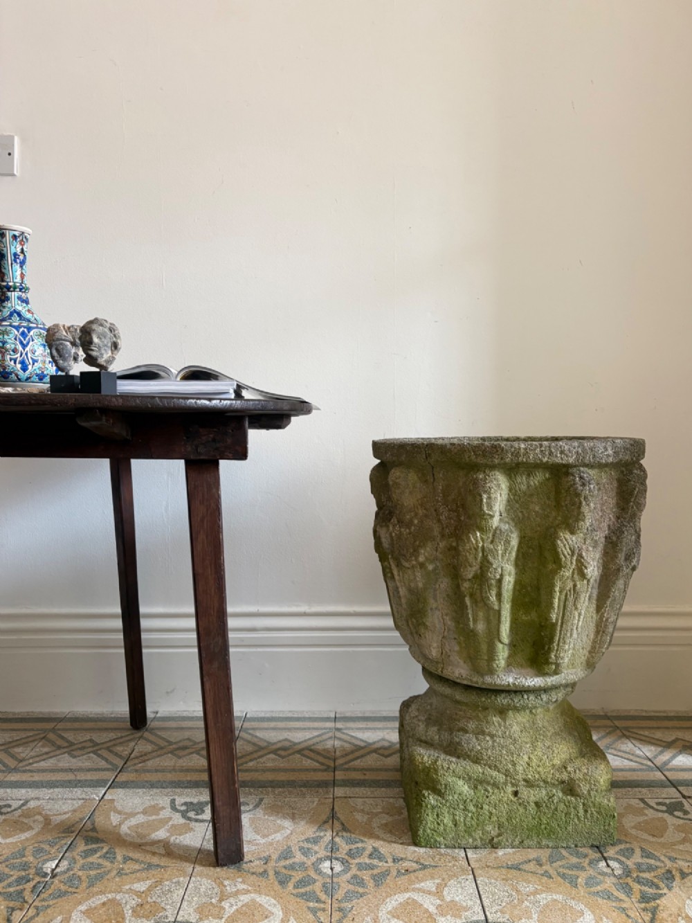 Early 20th Century Weathered Medieval Style Baptismal Font Planter and Base 63cm View III