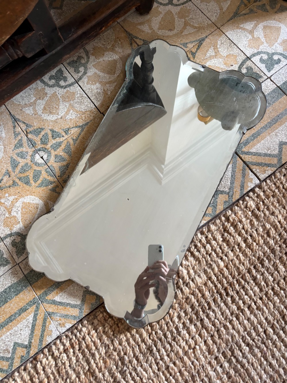 A Shapely 1920s Bevelled Frameless Art Deco Mirror, 69cm tall, Gently Foxed Plate View X