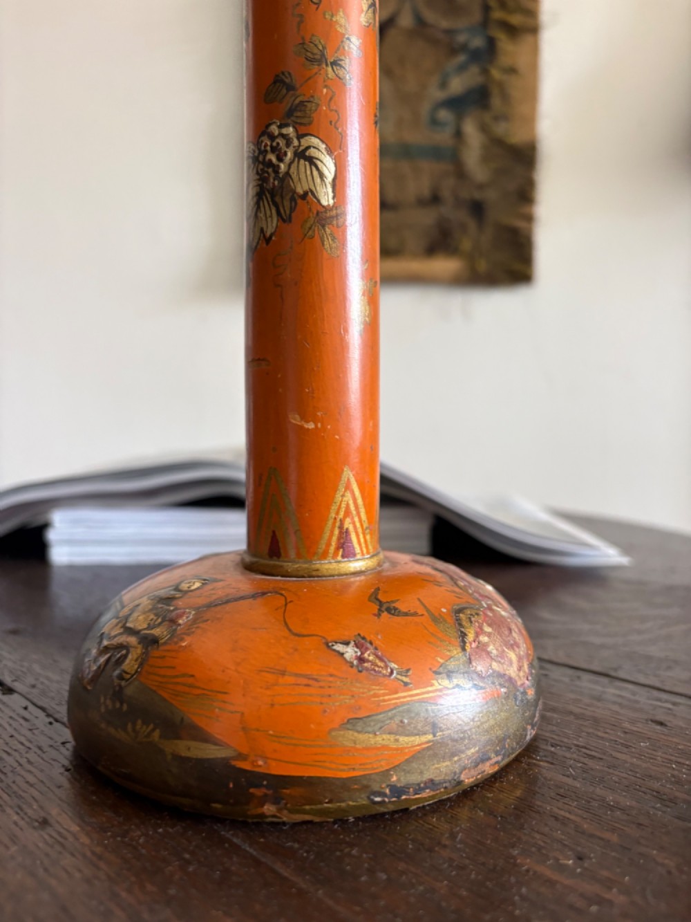 A mandarin orange lacquered table lamp base decorated with gold hand-painted floral motifs and fitted with a brass bulb holder. View III