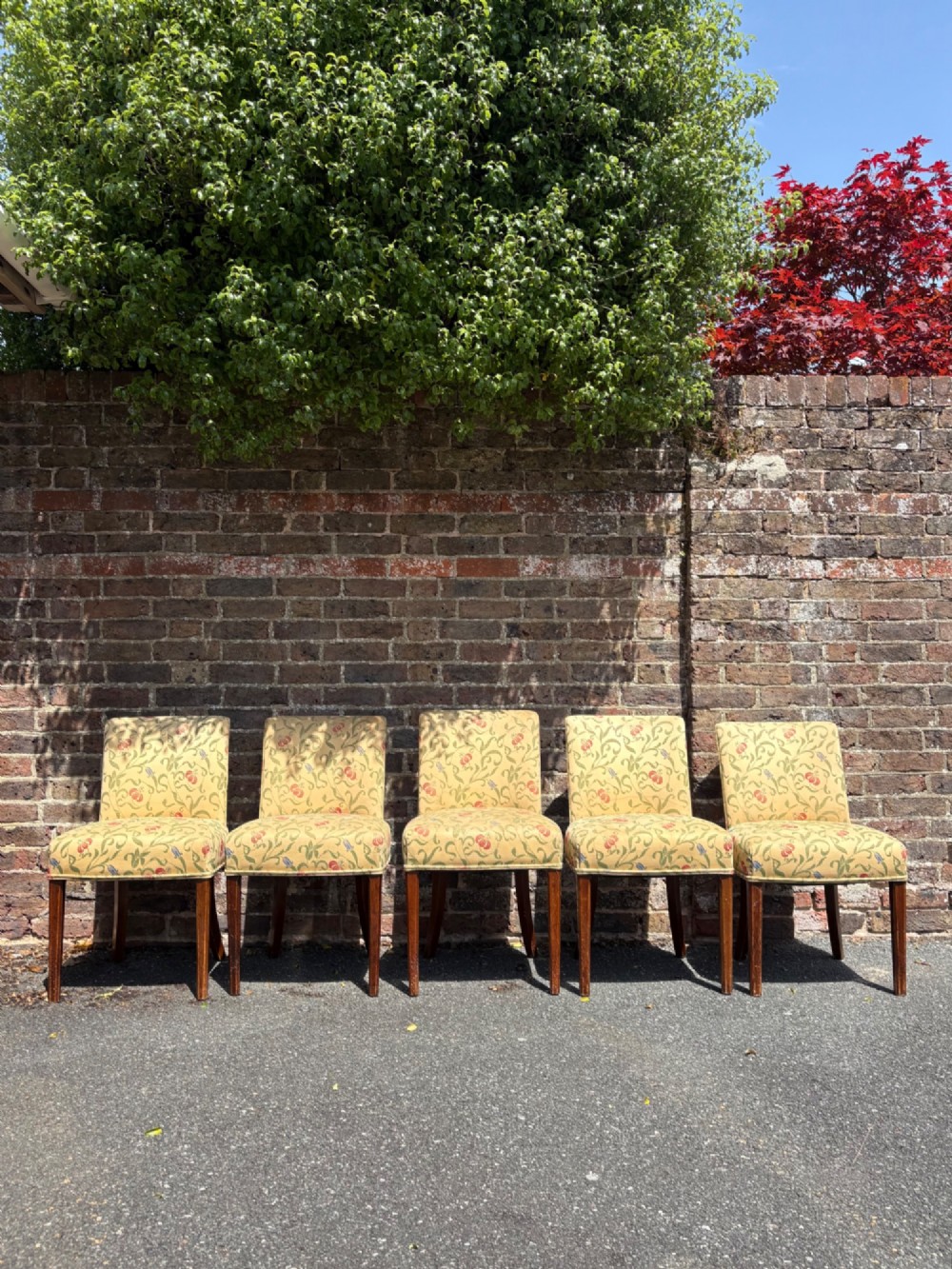 A row of 1930s Art Deco dining chairs featuring yellow floral pattern upholstery and dark oak tapered legs.
