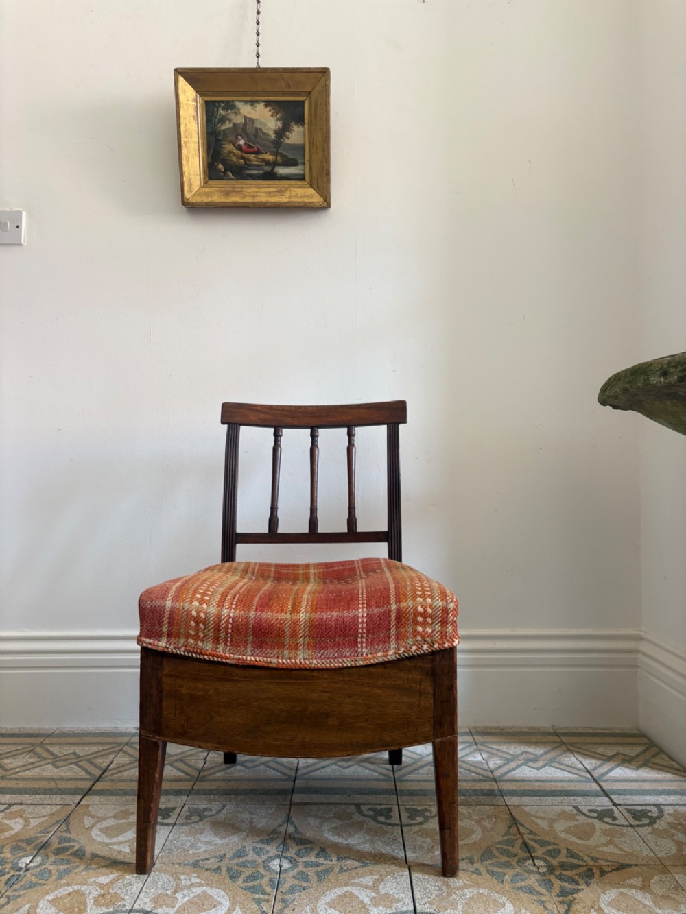 A Regency mahogany and beech side chair featuring a red plaid upholstered seat above an integrated wooden drawer with a brass drop handle. View VI
