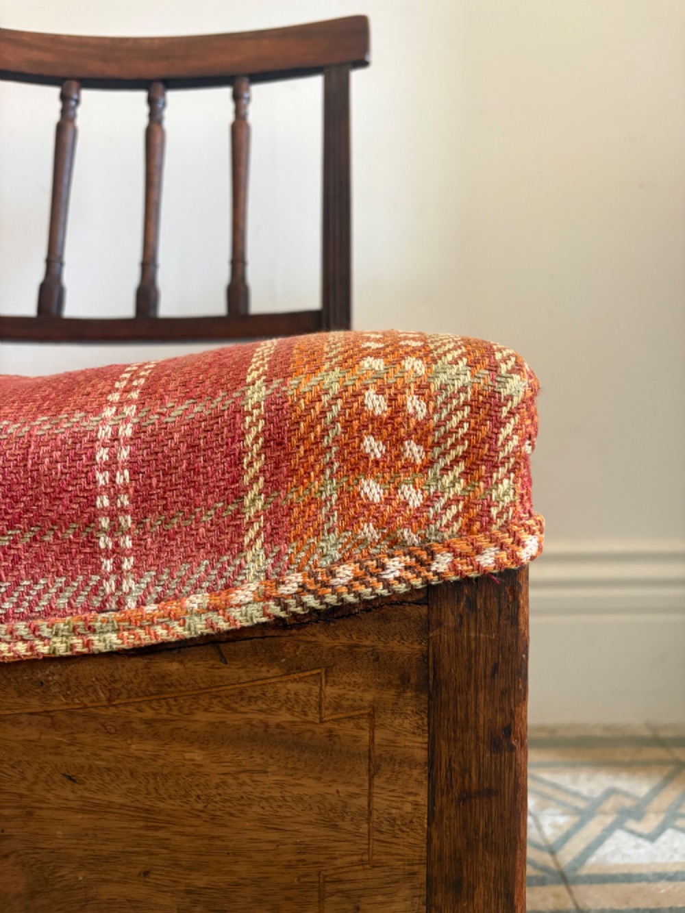 A Regency mahogany and beech side chair featuring a red plaid upholstered seat above an integrated wooden drawer with a brass drop handle. View VIII