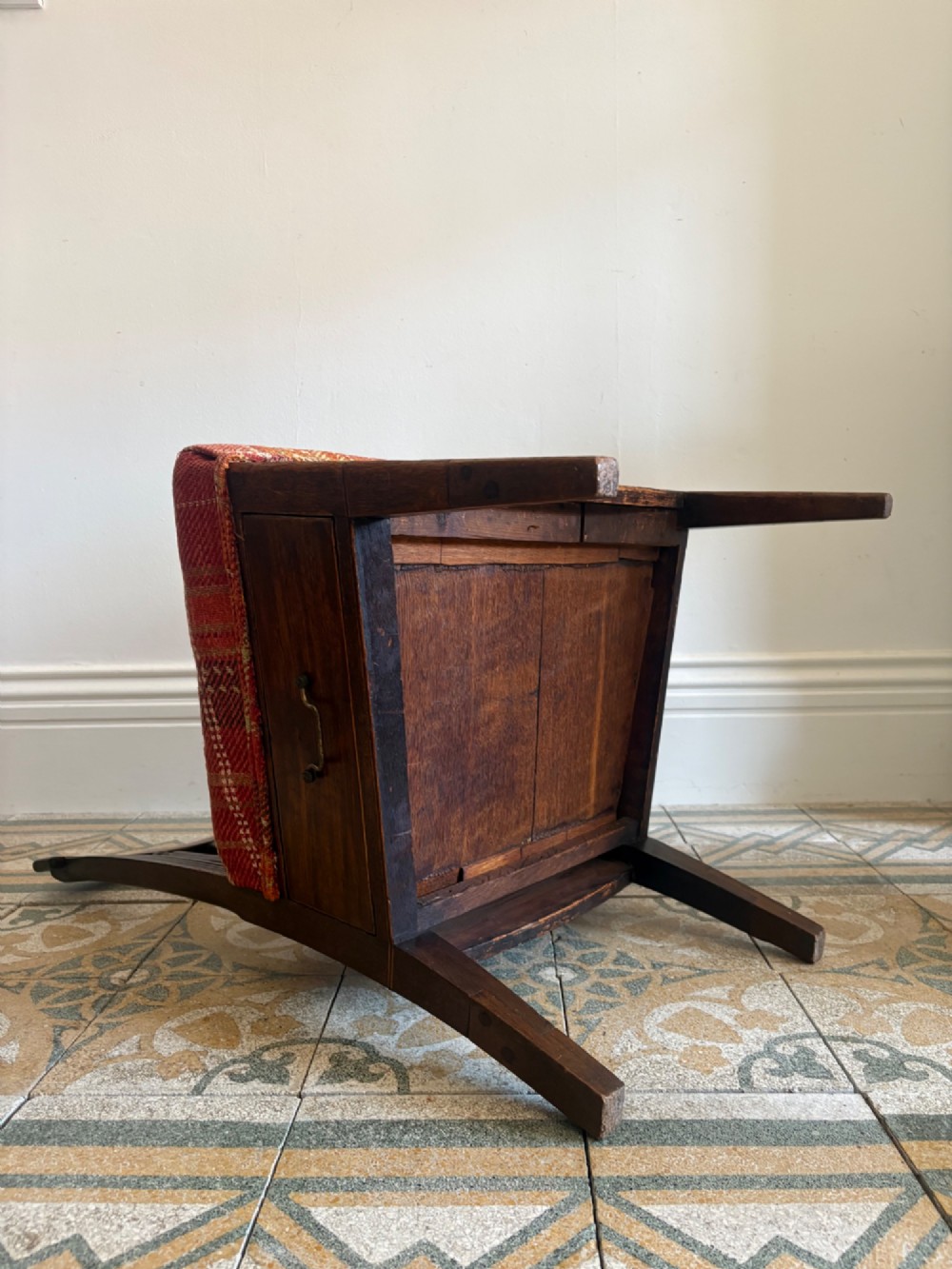 A Regency mahogany and beech side chair featuring a red plaid upholstered seat above an integrated wooden drawer with a brass drop handle. View XI
