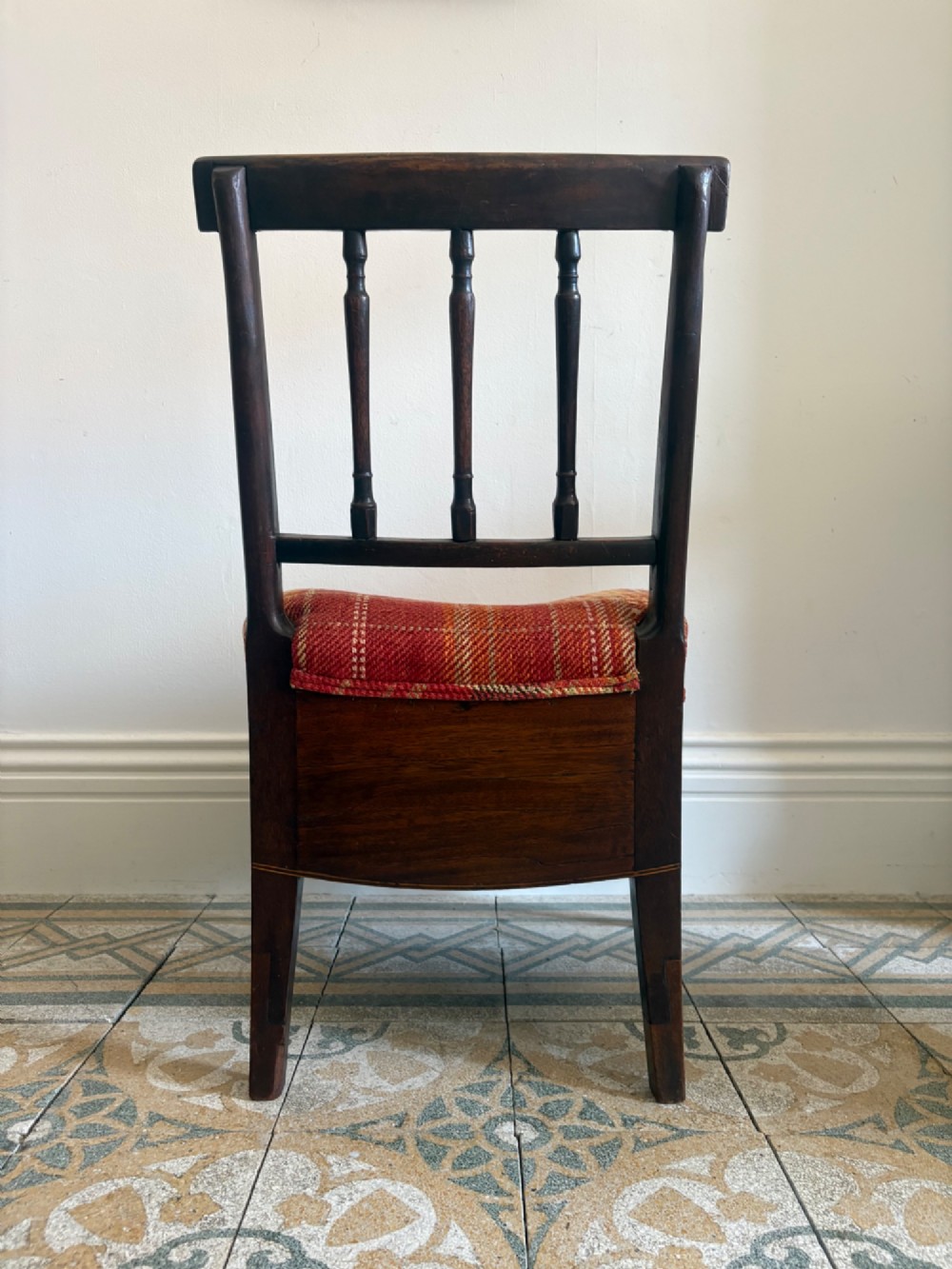 A Regency mahogany and beech side chair featuring a red plaid upholstered seat above an integrated wooden drawer with a brass drop handle. View XIII