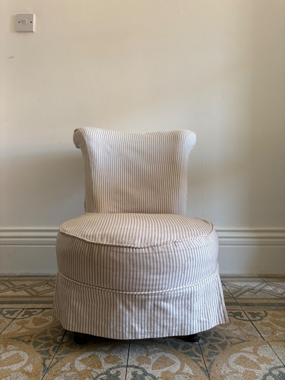 Edwardian Nursing or Slipper Chair with Tailored Ticking Stripe Slipcover C1900