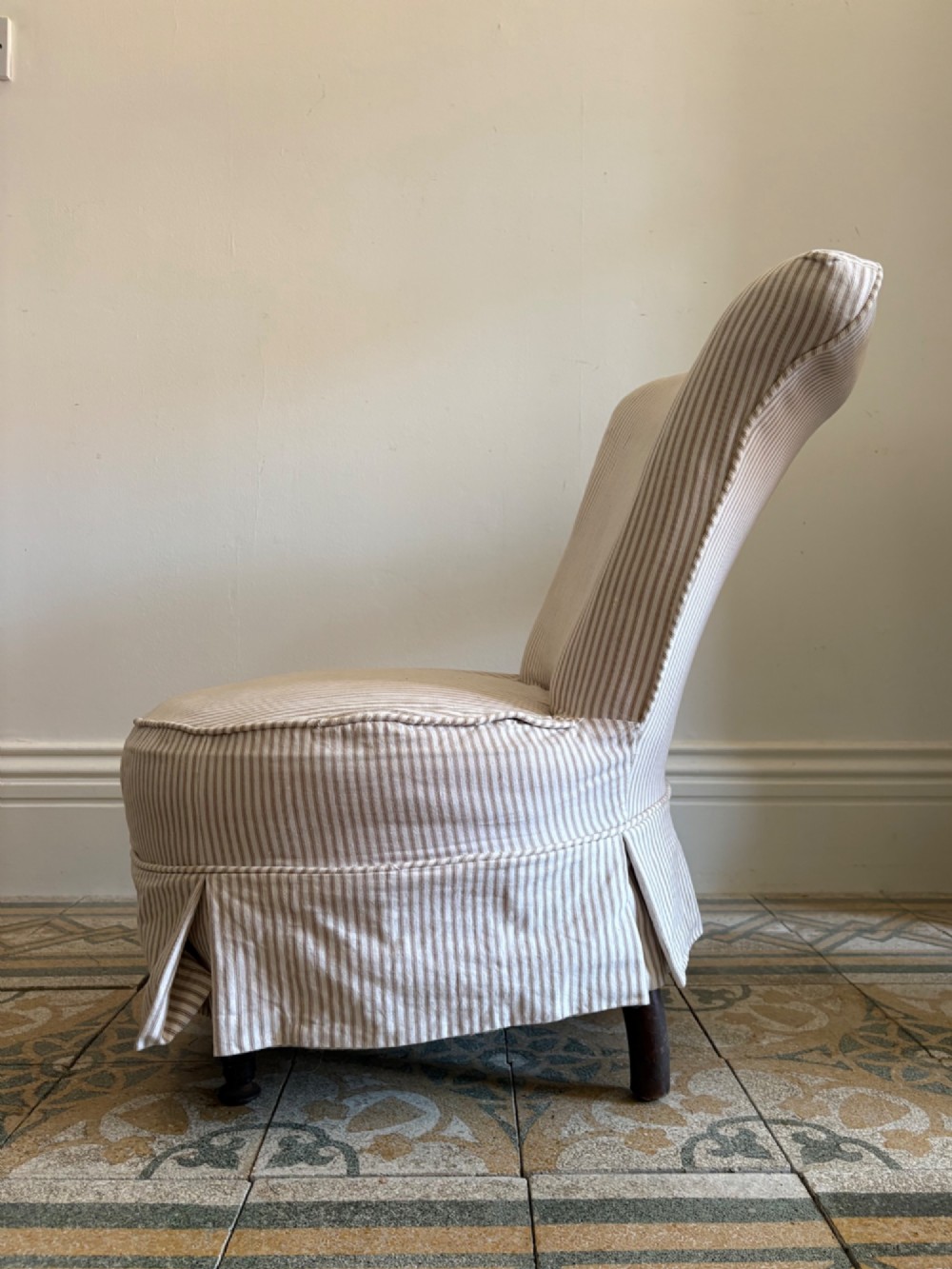 Edwardian Nursing or Slipper Chair with Tailored Ticking Stripe Slipcover C1900 View II