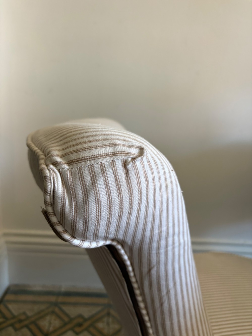 Edwardian Nursing or Slipper Chair with Tailored Ticking Stripe Slipcover C1900 View III