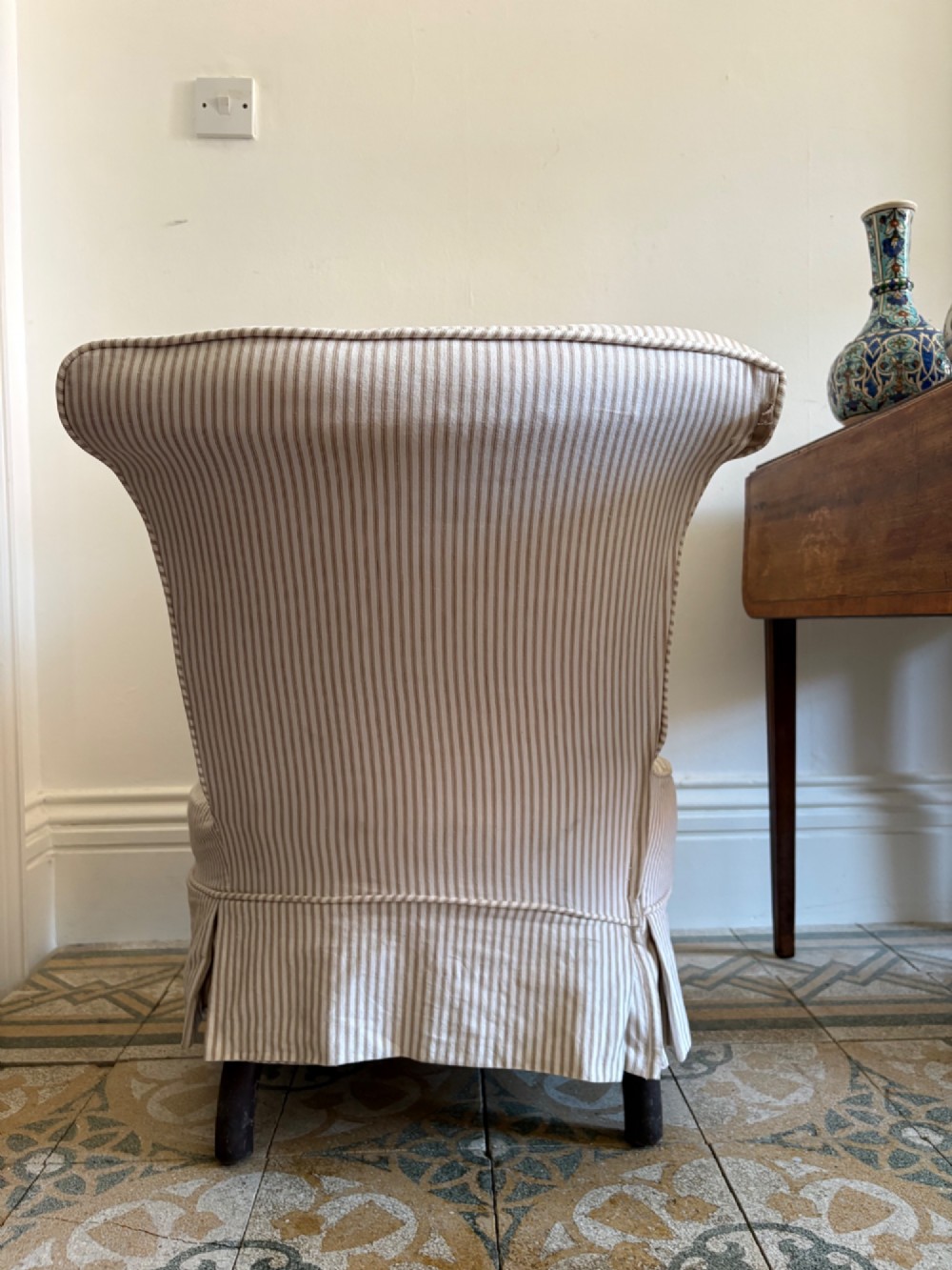 Edwardian Nursing or Slipper Chair with Tailored Ticking Stripe Slipcover C1900 View IV
