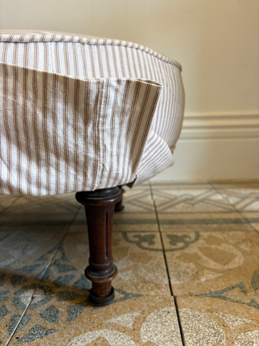 Edwardian Nursing or Slipper Chair with Tailored Ticking Stripe Slipcover C1900 View VI