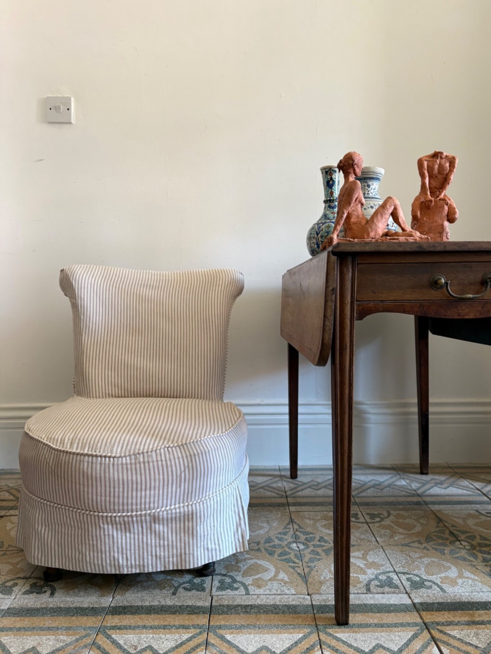 Edwardian Nursing or Slipper Chair with Tailored Ticking Stripe Slipcover C1900 View VIII