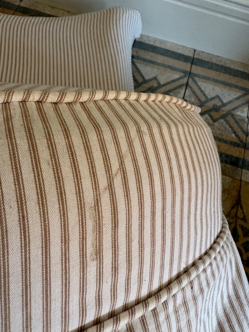 Edwardian Nursing or Slipper Chair with Tailored Ticking Stripe Slipcover C1900 View IX
