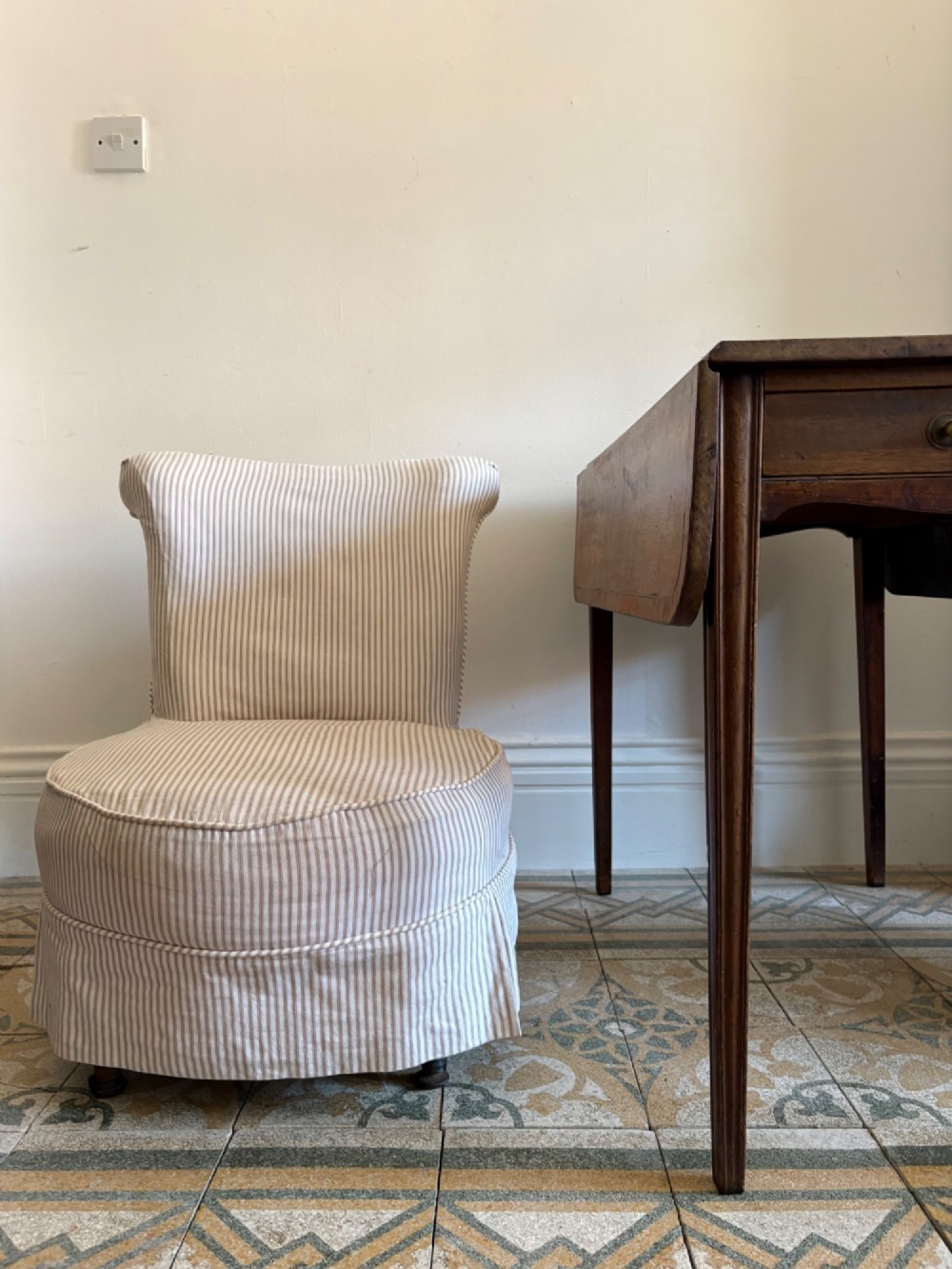 Edwardian Nursing or Slipper Chair with Tailored Ticking Stripe Slipcover C1900 View XIV