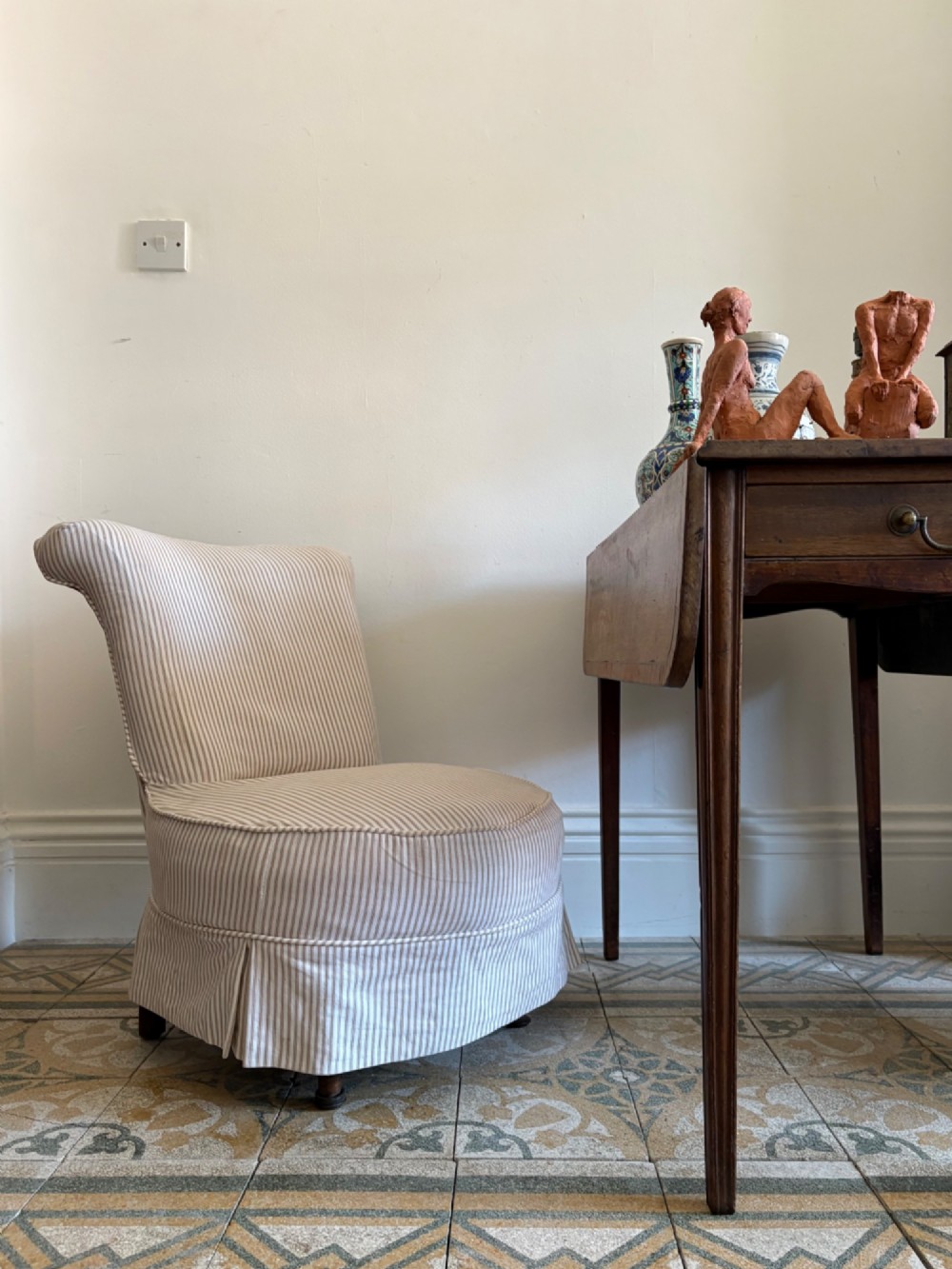 Edwardian Nursing or Slipper Chair with Tailored Ticking Stripe Slipcover C1900 View XV