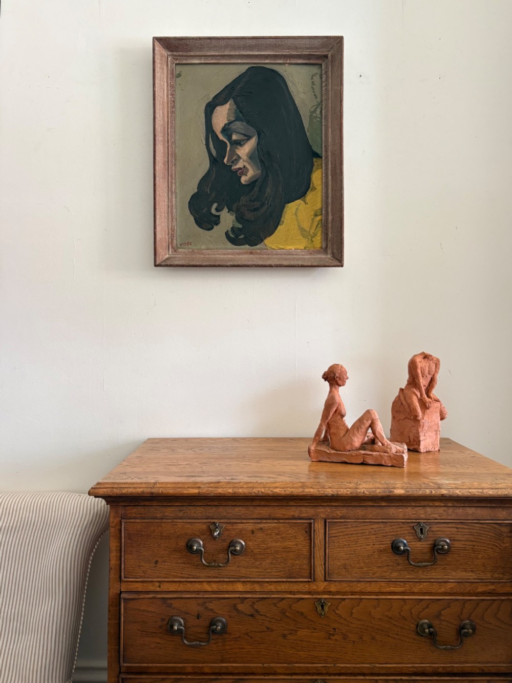 A framed 1930s German Expressionist oil painting on panel depicting a dark-haired woman in profile wearing a yellow top. View II