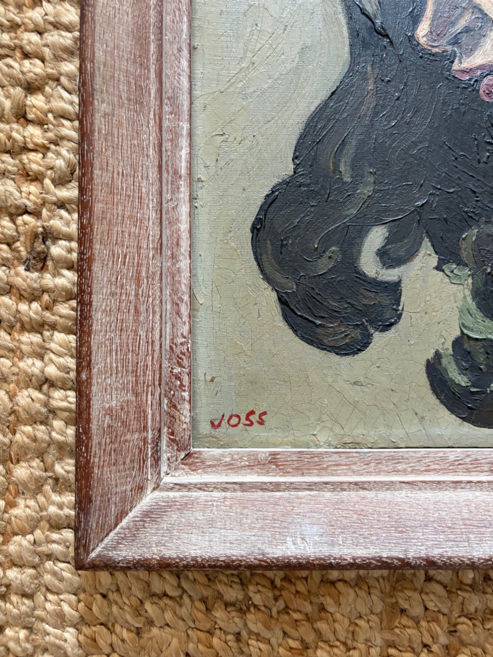 A framed 1930s German Expressionist oil painting on panel depicting a dark-haired woman in profile wearing a yellow top. View V