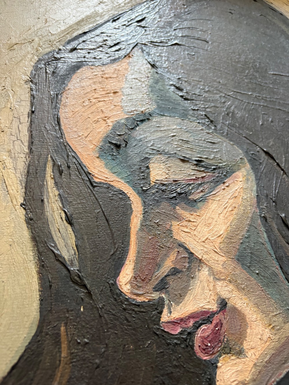 A framed 1930s German Expressionist oil painting on panel depicting a dark-haired woman in profile wearing a yellow top. View VII