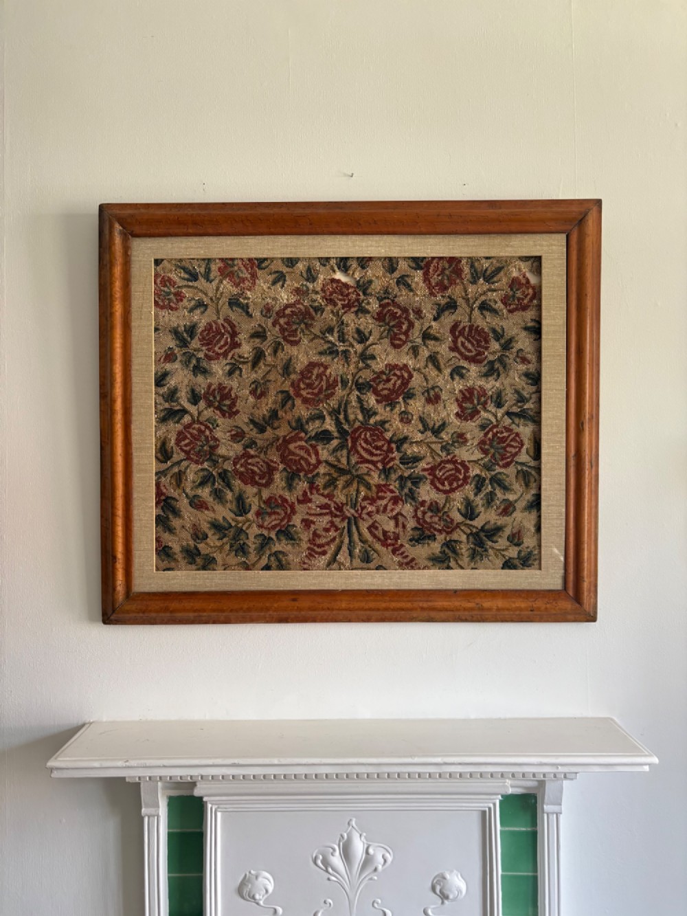 An Arts and Crafts Woven Jacquard Roses Tapestry, Walnut Frame C1895, 89cm