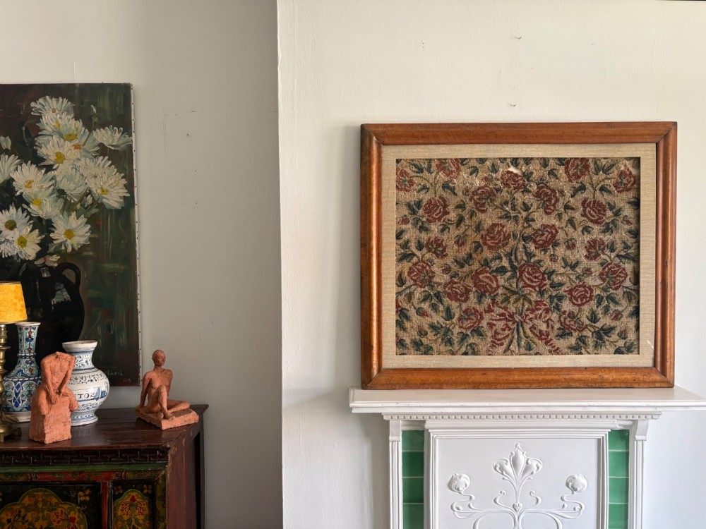 An Arts and Crafts Woven Jacquard Roses Tapestry, Walnut Frame C1895, 89cm View V