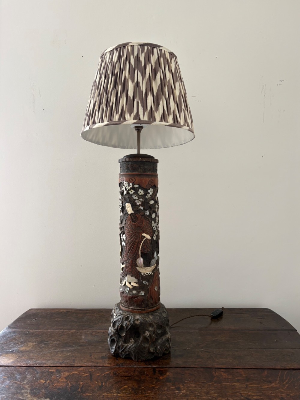 A 19thC Japanese Rare Carved Brush Pot Lamp, Meiji Period, Mother of Pearl 84cm