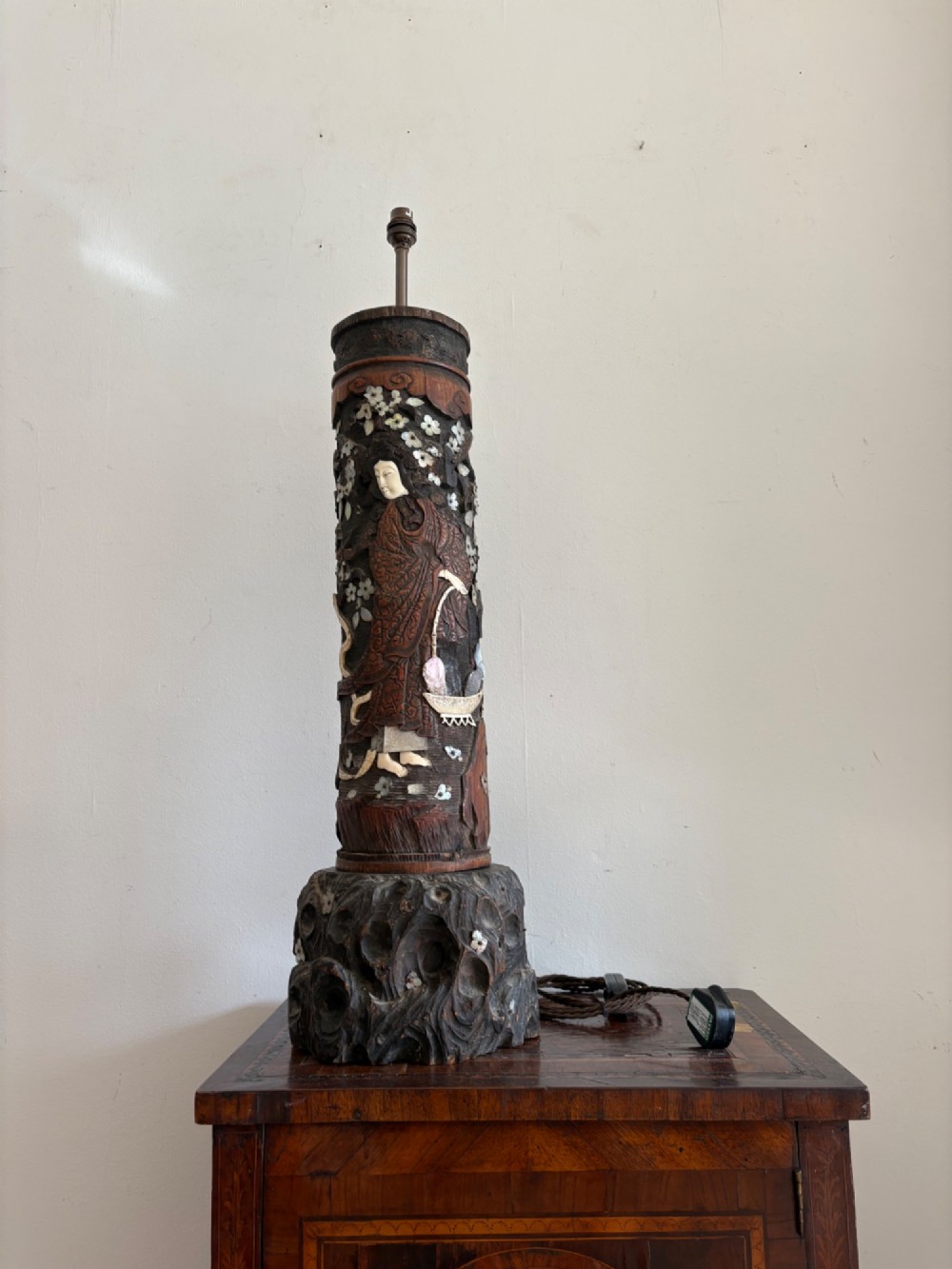A 19thC Japanese Rare Carved Brush Pot Lamp, Meiji Period, Mother of Pearl 84cm
