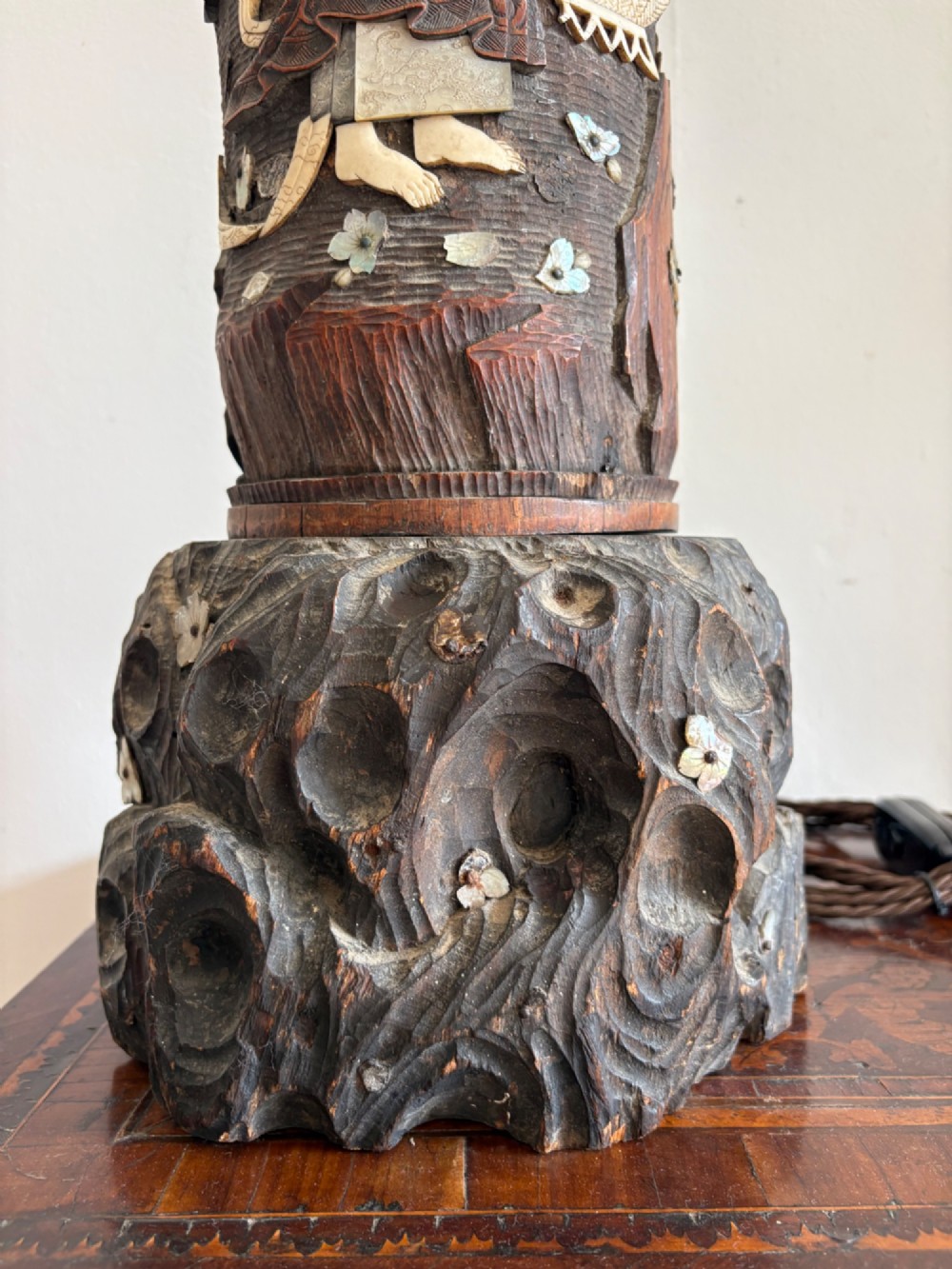 A tall Japanese Meiji period carved wooden brush pot converted into a table lamp with mother-of-pearl details and a patterned pleated lampshade. View VI