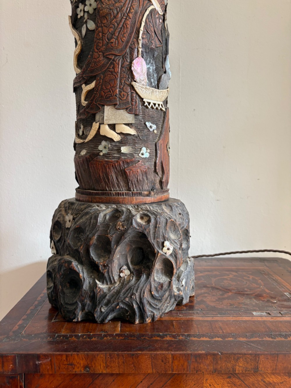 A tall Japanese Meiji period carved wooden brush pot converted into a table lamp with mother-of-pearl details and a patterned pleated lampshade. View IX