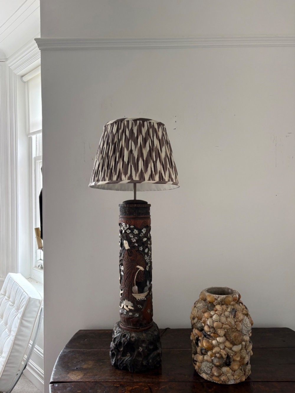 A tall Japanese Meiji period carved wooden brush pot converted into a table lamp with mother-of-pearl details and a patterned pleated lampshade. View XI
