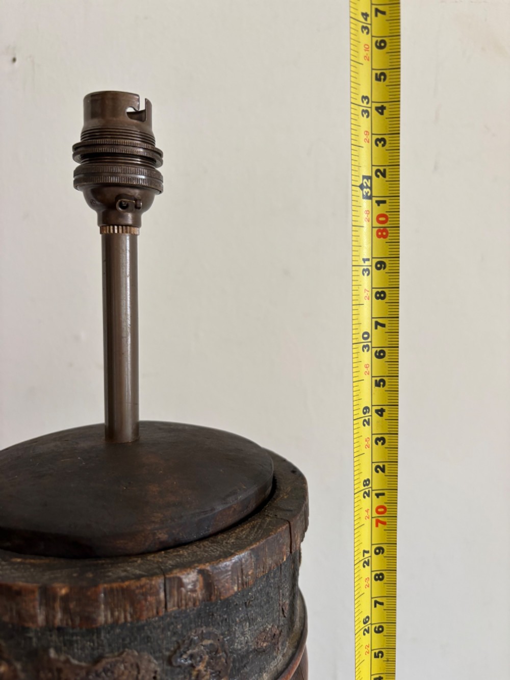 A tall Japanese Meiji period carved wooden brush pot converted into a table lamp with mother-of-pearl details and a patterned pleated lampshade. View XIII