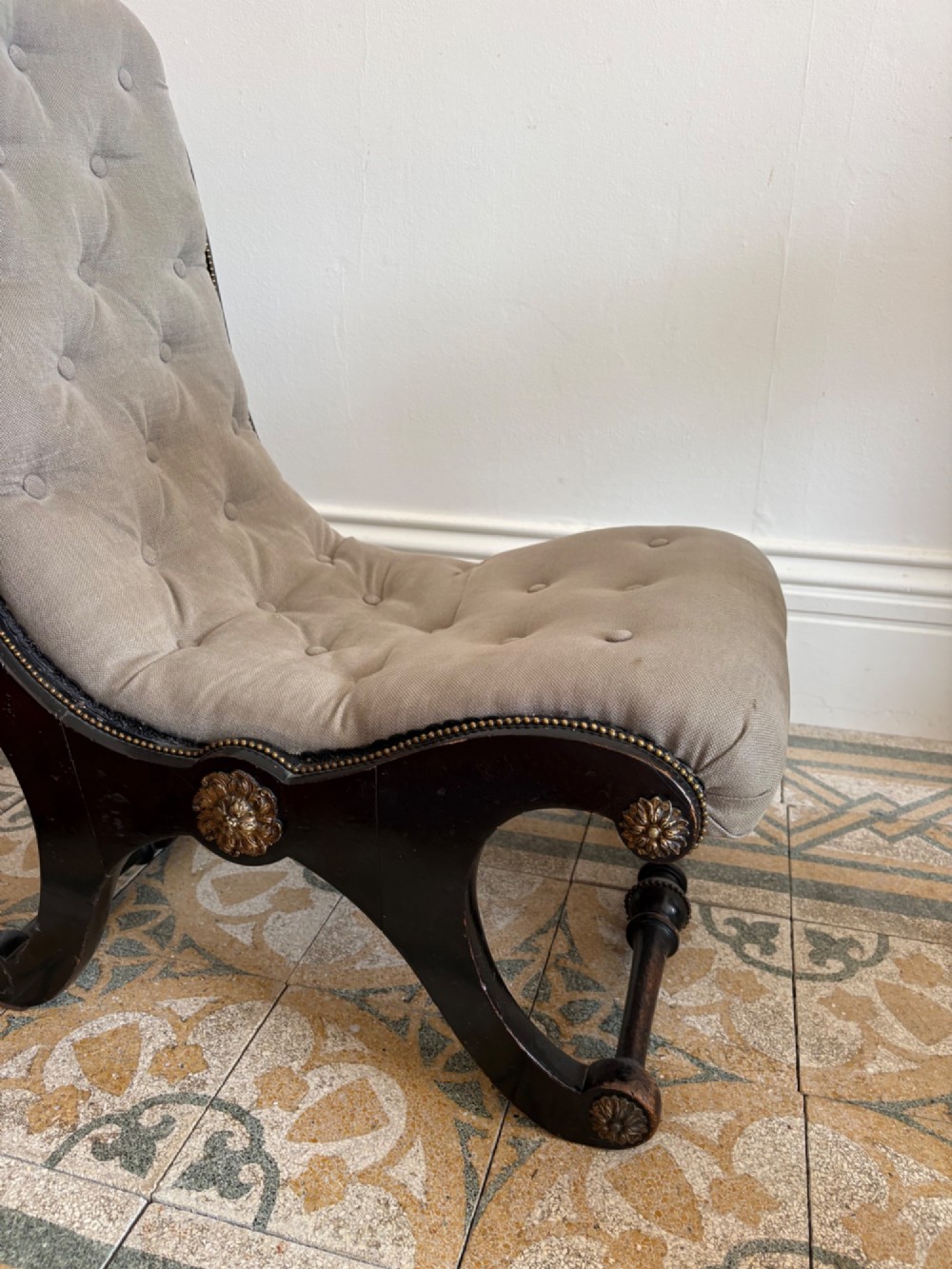 A Late 19th Century Ebonised Upholstered Nursing Chair, Aesthetic Movement C1890 View V