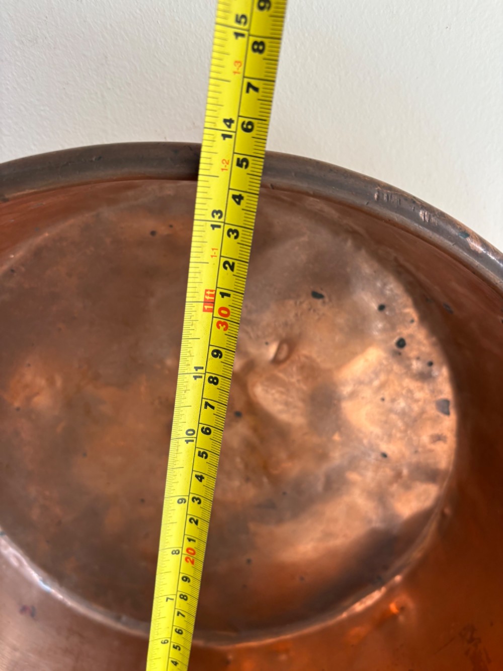 A large 19th-century polished copper preserve pan featuring twin riveted brass handles. View XIII