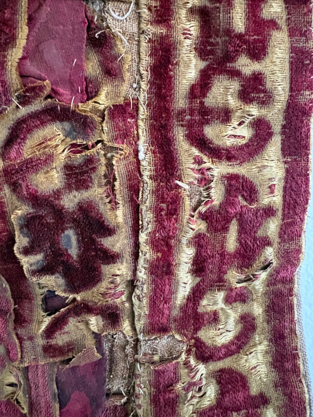 A long vertical 17th-century Italian crimson velvet textile fragment with gold silk acanthus leaf embroidery and patterned borders. View XII