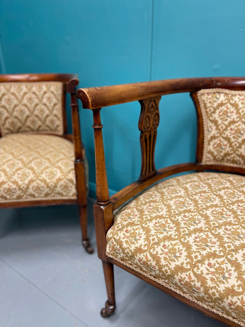 Pair of Edwardian mahogany tub armchairs on castors View V