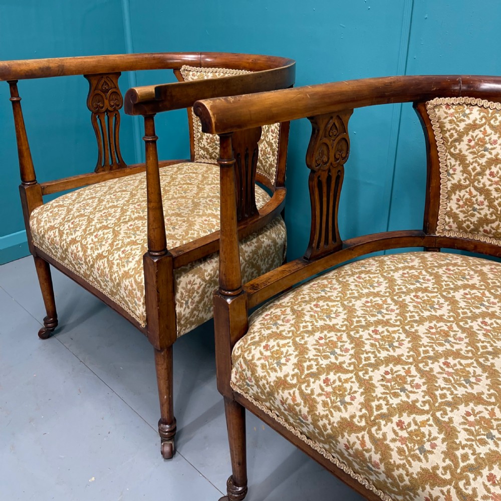 Pair of Edwardian mahogany tub armchairs on castors View VI