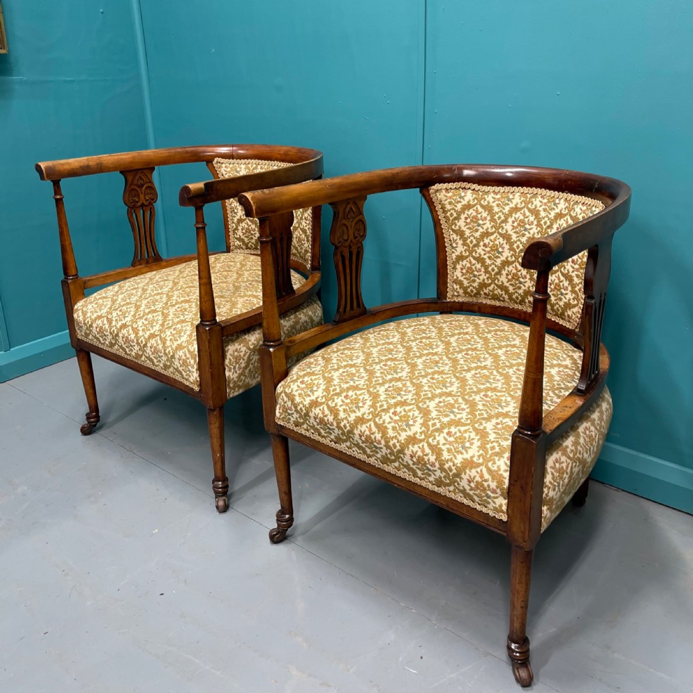 Pair of Edwardian mahogany tub armchairs on castors View VII