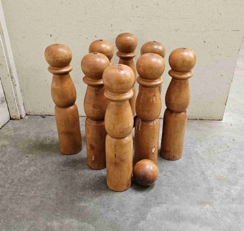 Nine Large French Beechwood Skittles and Ball