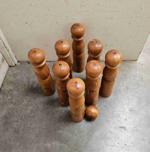 fig 1. Nine Large French Beechwood Skittles And Ball