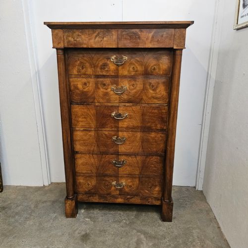 FRENCH EMPIRE BOOKMATCHED WALNUT SIX DRAWER TALL CHEST