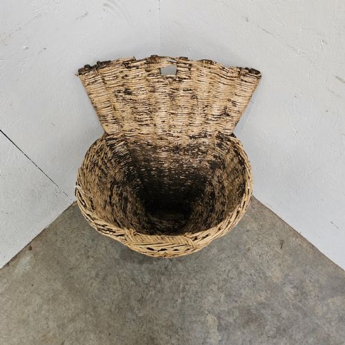 fig 1. A rustic woven wicker grape harvesting hod with a tall flat back extension and an open conical basket body.