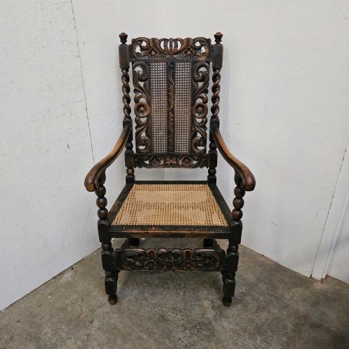 fig 1. Pair Of Carved Victorian Barley Twist & Bobbin Rattan Armchairs