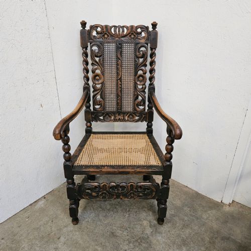 fig 2. Pair Of Carved Victorian Barley Twist & Bobbin Rattan Armchairs
