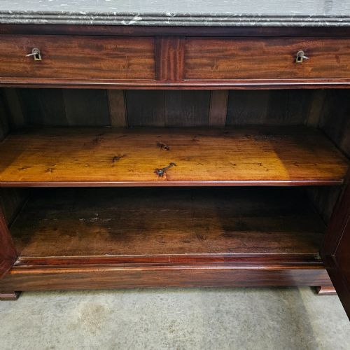 fig 1. A French Louis Philippe style mahogany buffet with a grey veined marble top, two upper drawers, and two panelled cabinet doors.