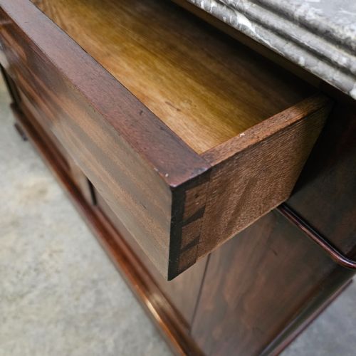 fig 2. A French Louis Philippe style mahogany buffet with a grey veined marble top, two upper drawers, and two panelled cabinet doors.