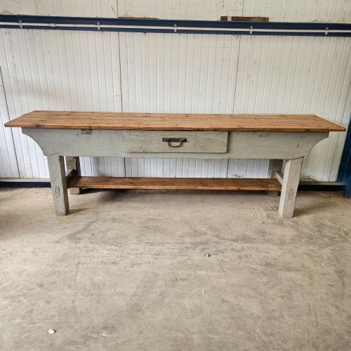 Unusual Long Rustic Painted Pine Worktable with Shelf