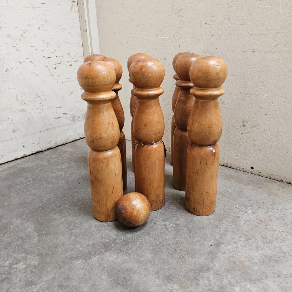 Nine Large French Beechwood Skittles And Ball View IV