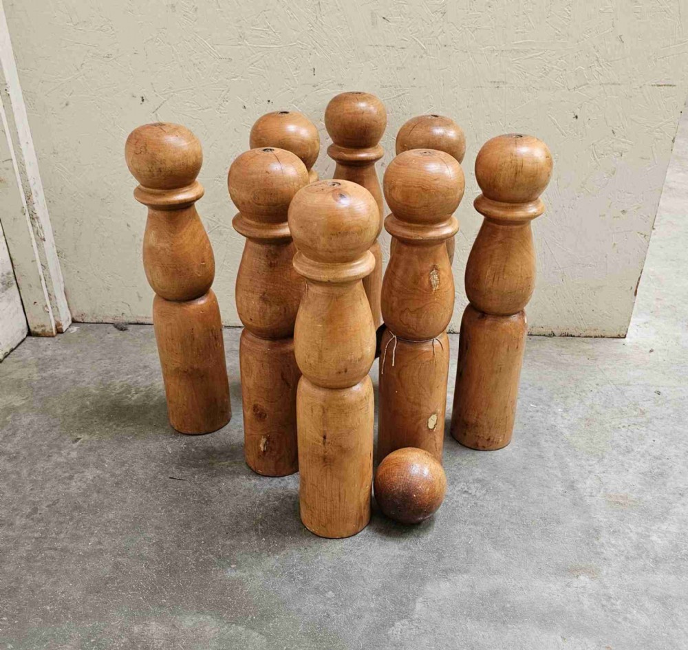 Nine Large French Beechwood Skittles And Ball