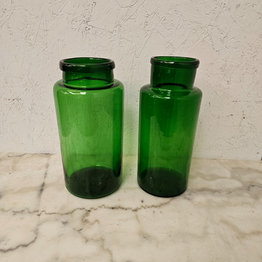 Two Large French Green Cornichon Pickling Jars